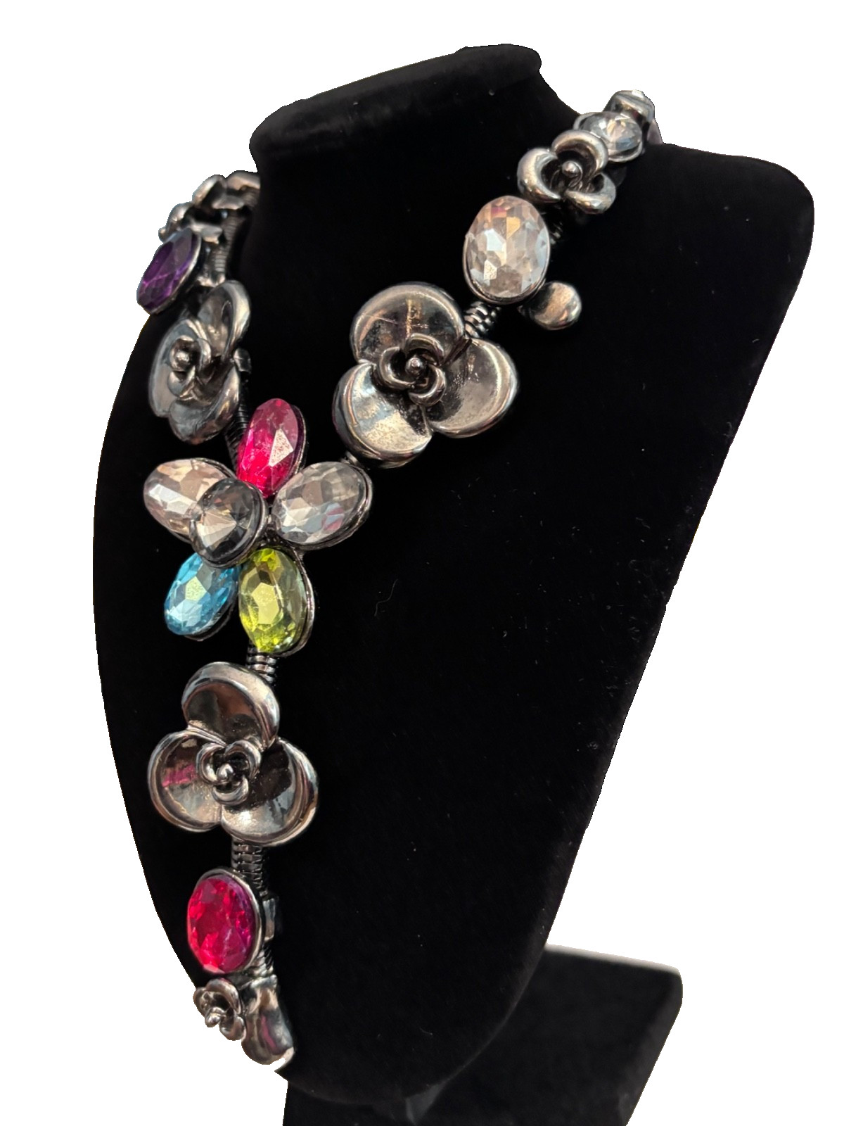 VTG Gunmetal Gray Snake Chain Choker Floral Statement Necklace Multicolor Stones