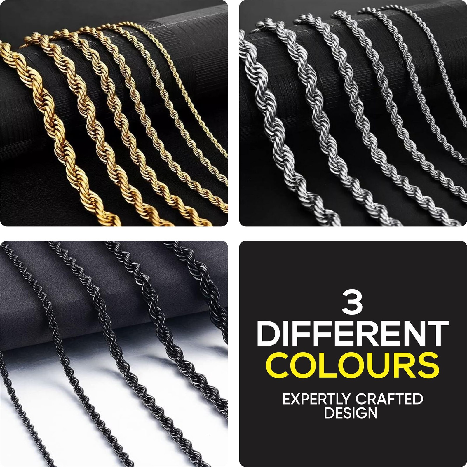 SILVER 316L STAINLESS STEEL 3MM WIDE 24″ / 60CM LONG TWISTED ROPE CHAIN NECKLACE