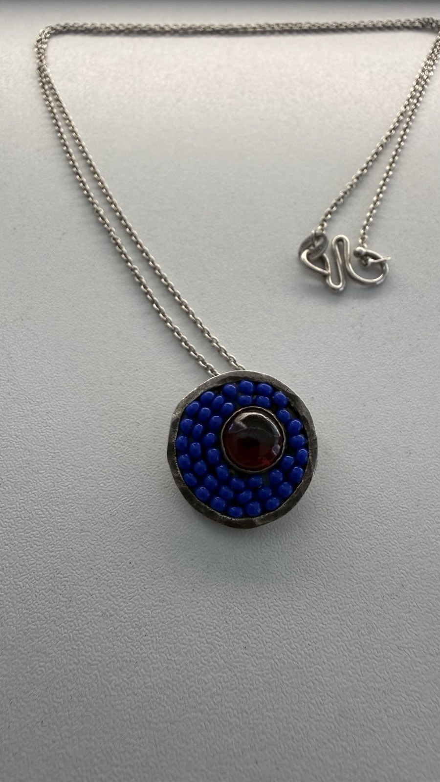 925 Italy Sterling Silver Artisan Pendant Necklace Red Cabochon Blue Beads