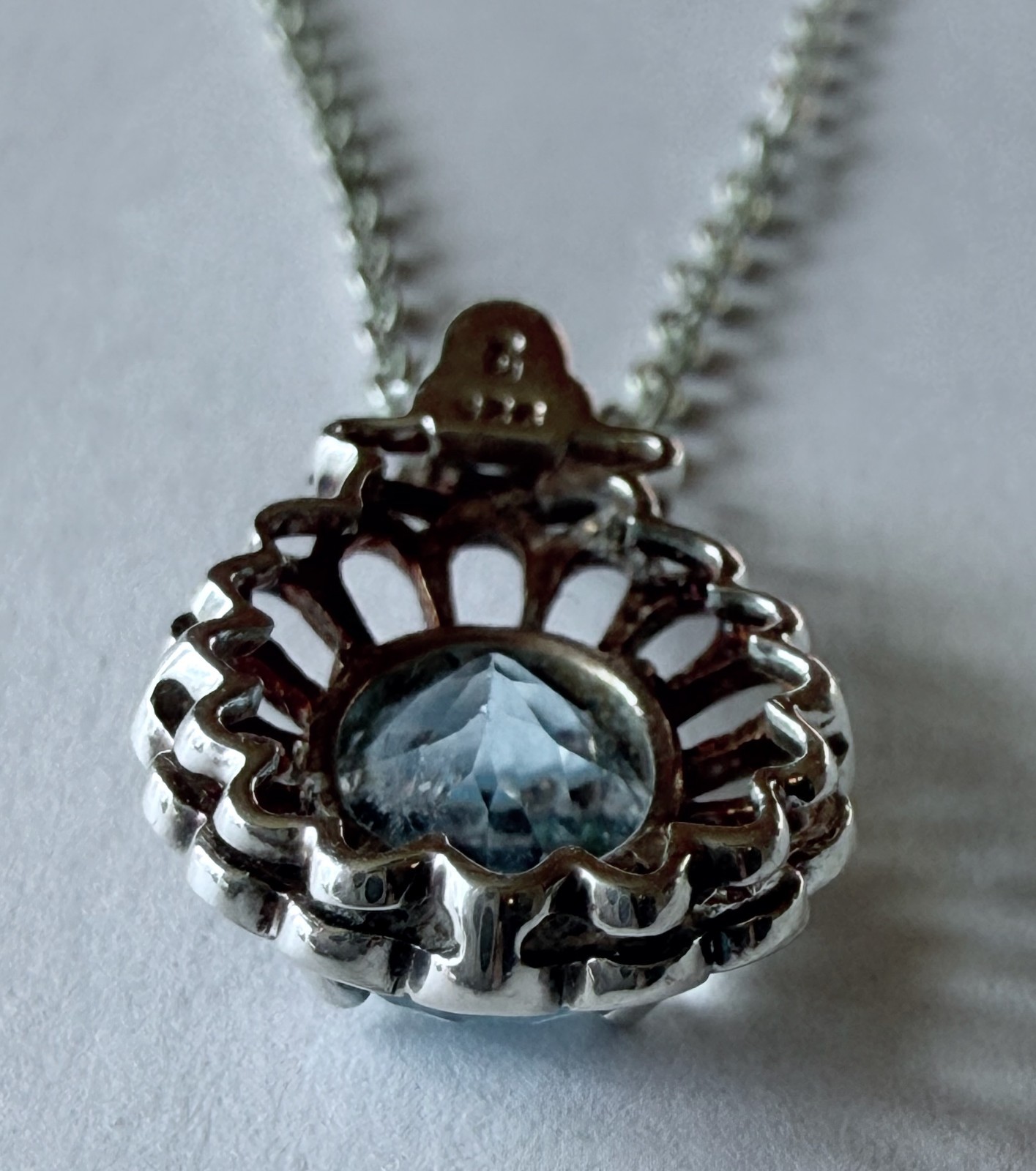 Vintage Faceted Pale Blue Pendant Necklace w/ 18″ Silver Toned Chain