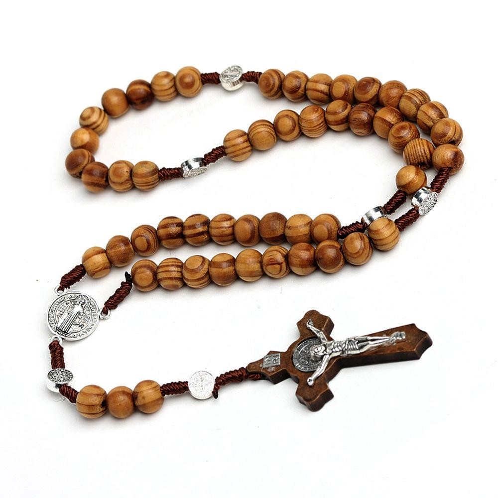 10mm Wood Beads Rosary Cross Necklace for Women Men Christian Virgin Mary Inri P