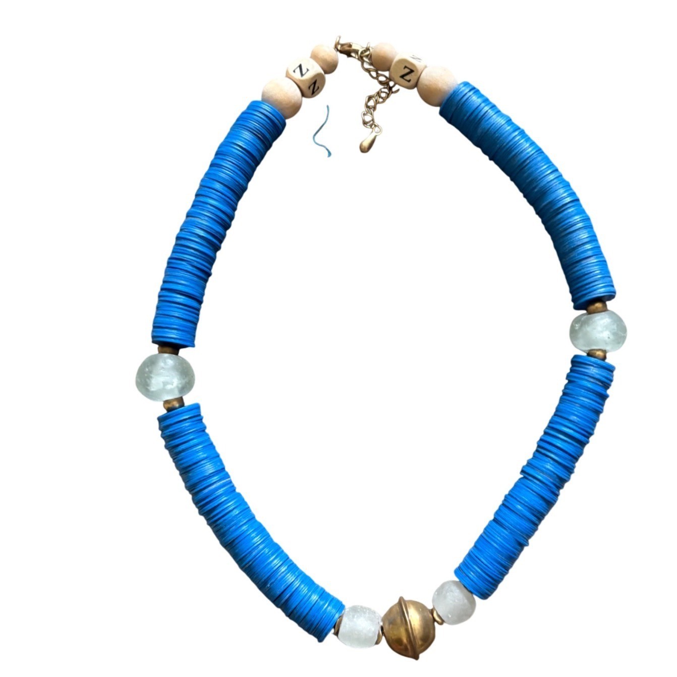 Blue Heishi Bead Necklace Wood Letter Z Frosted Glass Bell Charm Boho Coastal