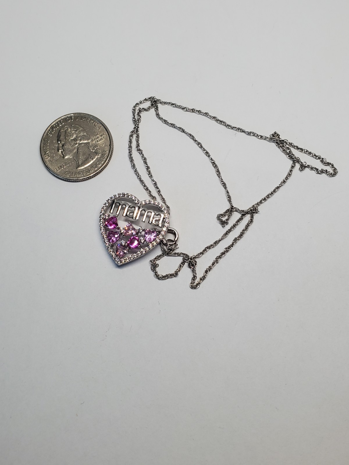 Silver Plated Mama Heart Pink Pendant Necklace 18″