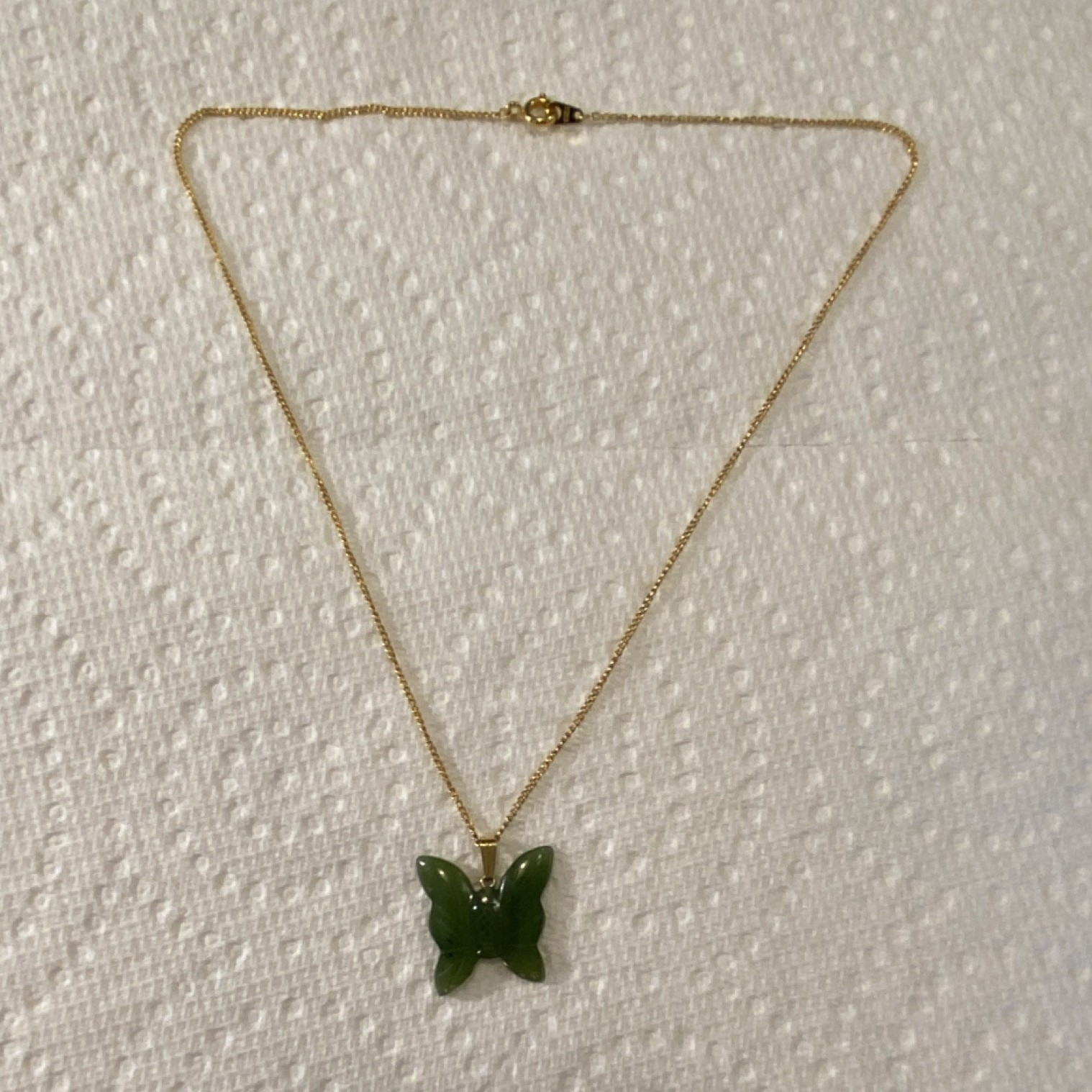 Gold Tone Metal Cable Chain Necklace Green Butterfly Jade Charm Pendant