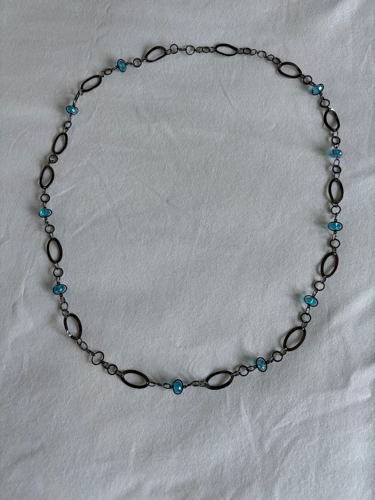 Gunmetal Gray Large Oval Link Station Necklace Blue Faceted Beads 36 inches