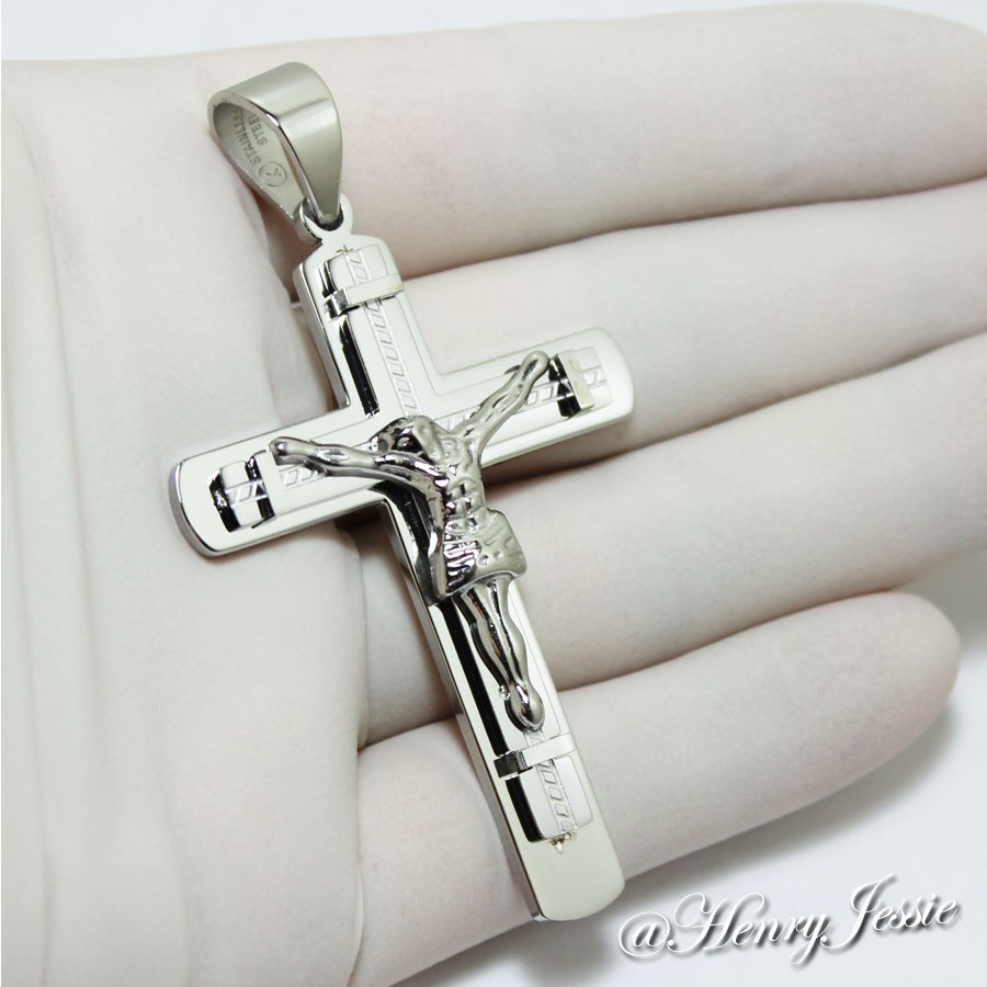 24″MEN’s Stainless Steel 5mm Silver Box Bike Chain Necklace Cross Pendant*SJ