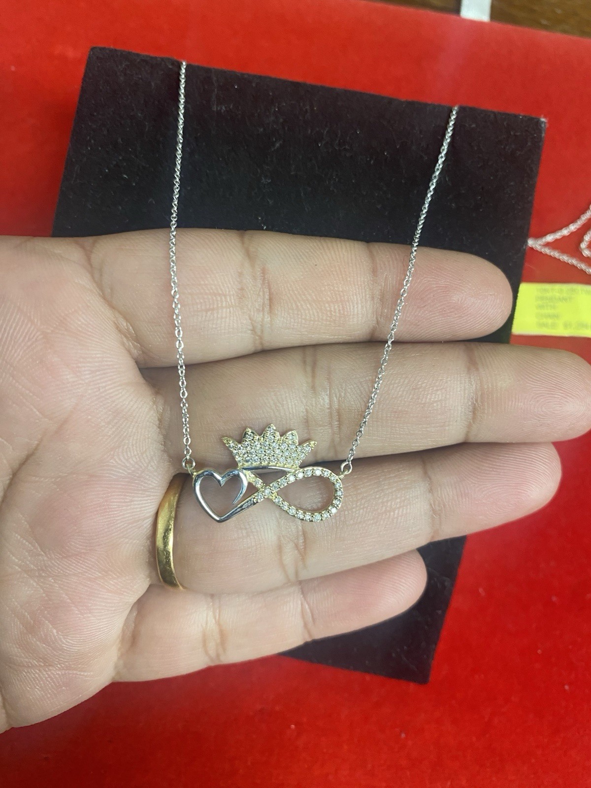 10K White Gold natural Diamond Heart Infinity Crown Pendant chain #00783139