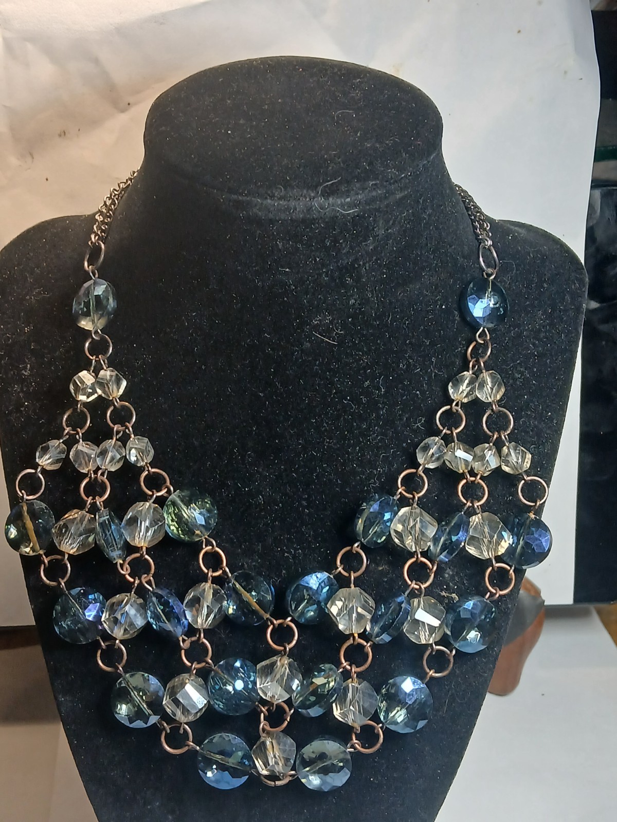 3 tiered gold tone chain with clear & blue glass dangling crystal necklace