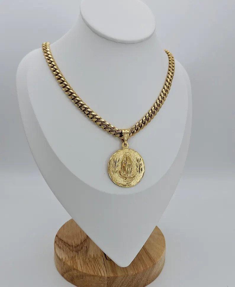 Gold Praying Hands Necklace, 7mm Curb Style Chain, 14k Heavy Plated Gold
