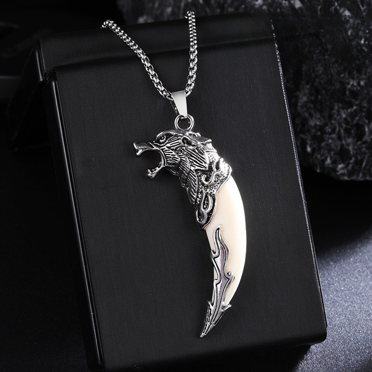 Titanium Steel Wolf Tooth Pendant Necklace Gothic Turquoise Red Stone Jewelry