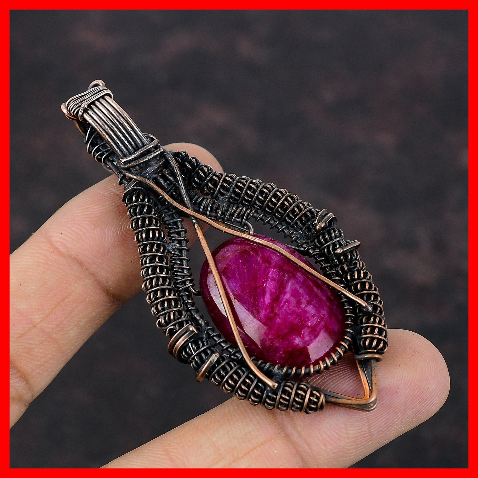 Kashmir Rubi Gemstone Rainbow Moonstone Copper Wire Wrapped Wife Pendant Jewelry