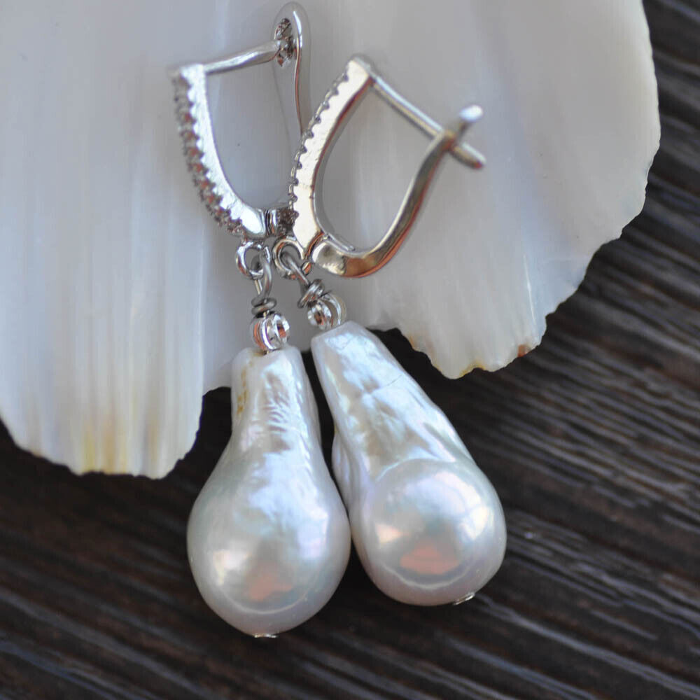 Natural 19mm White Tear-Drop Baroque Keshi Pearl CZ Dangle Earring