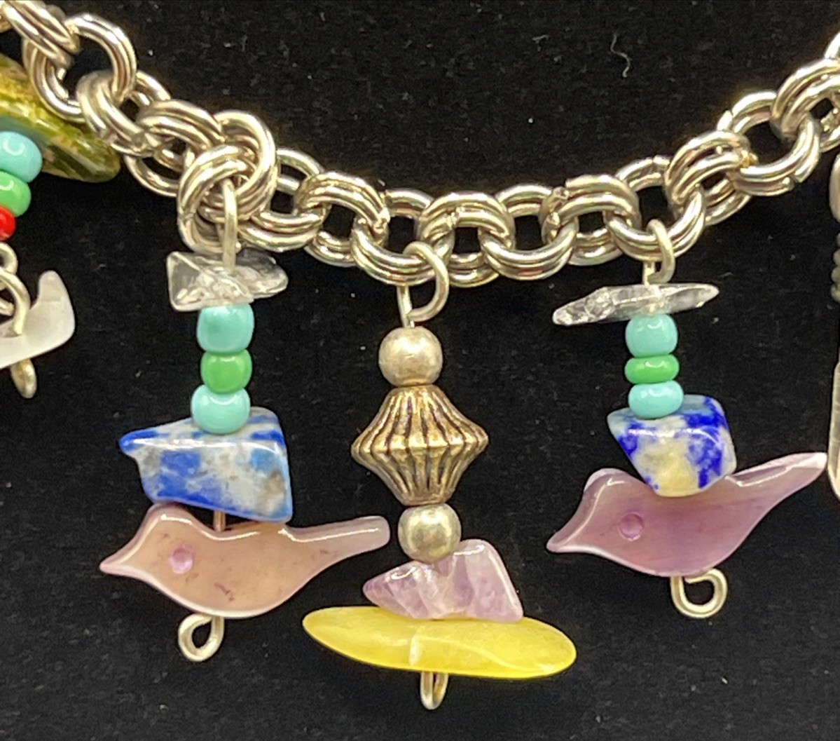 Peruvian Artisan Bird Charm Necklace Mixed Stone Peru Coin Boho Folk Art