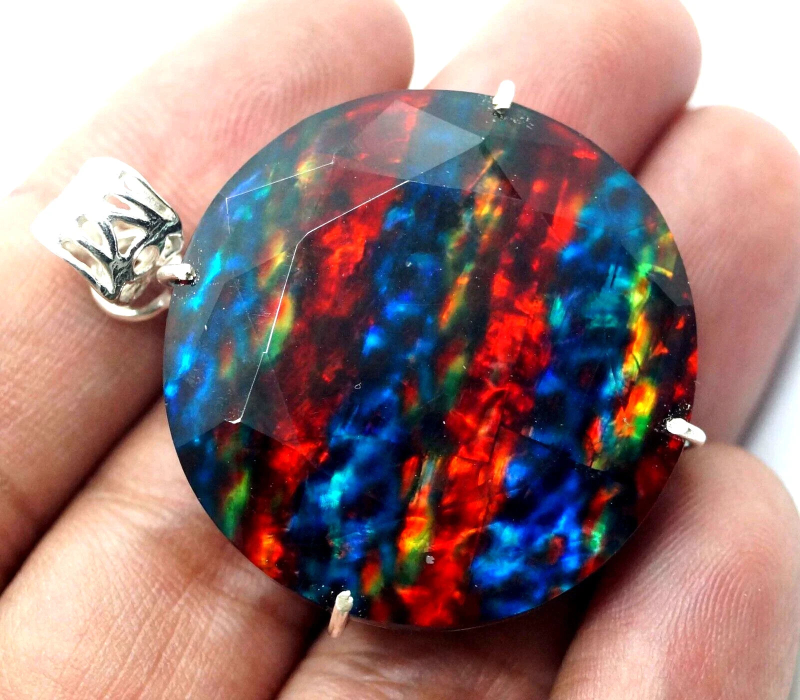 50 CT+ Amazing Fire Ammolite Pendant 925 Sterling Silver Plated Jewelry For Gift