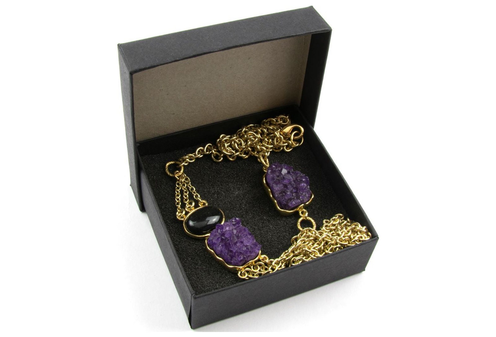 Women’s Genuine Black Obsidian & Amethyst Druzy Stone 33″ Layered Necklace