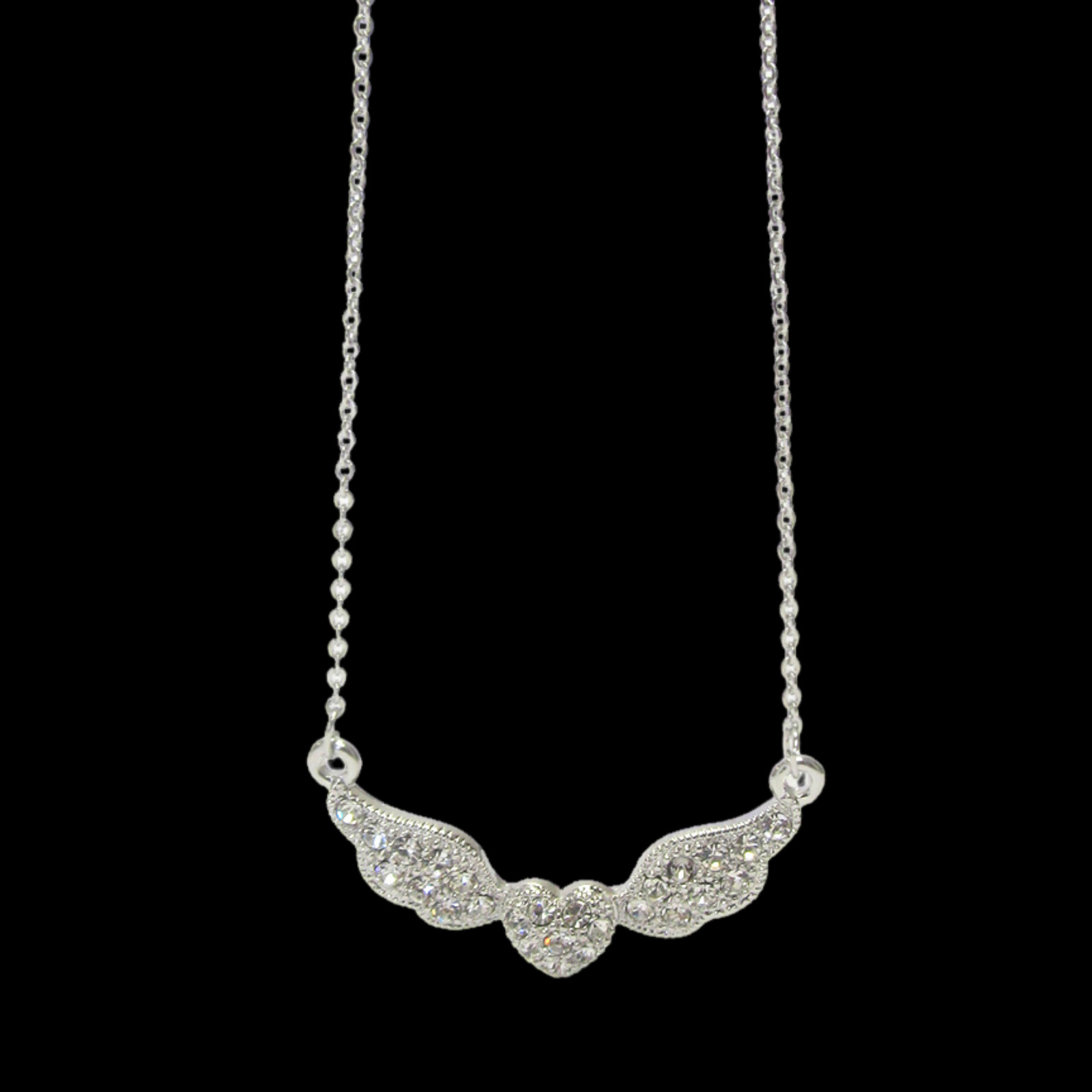 Crystal Heart and Wings Pendant Necklace White Gold