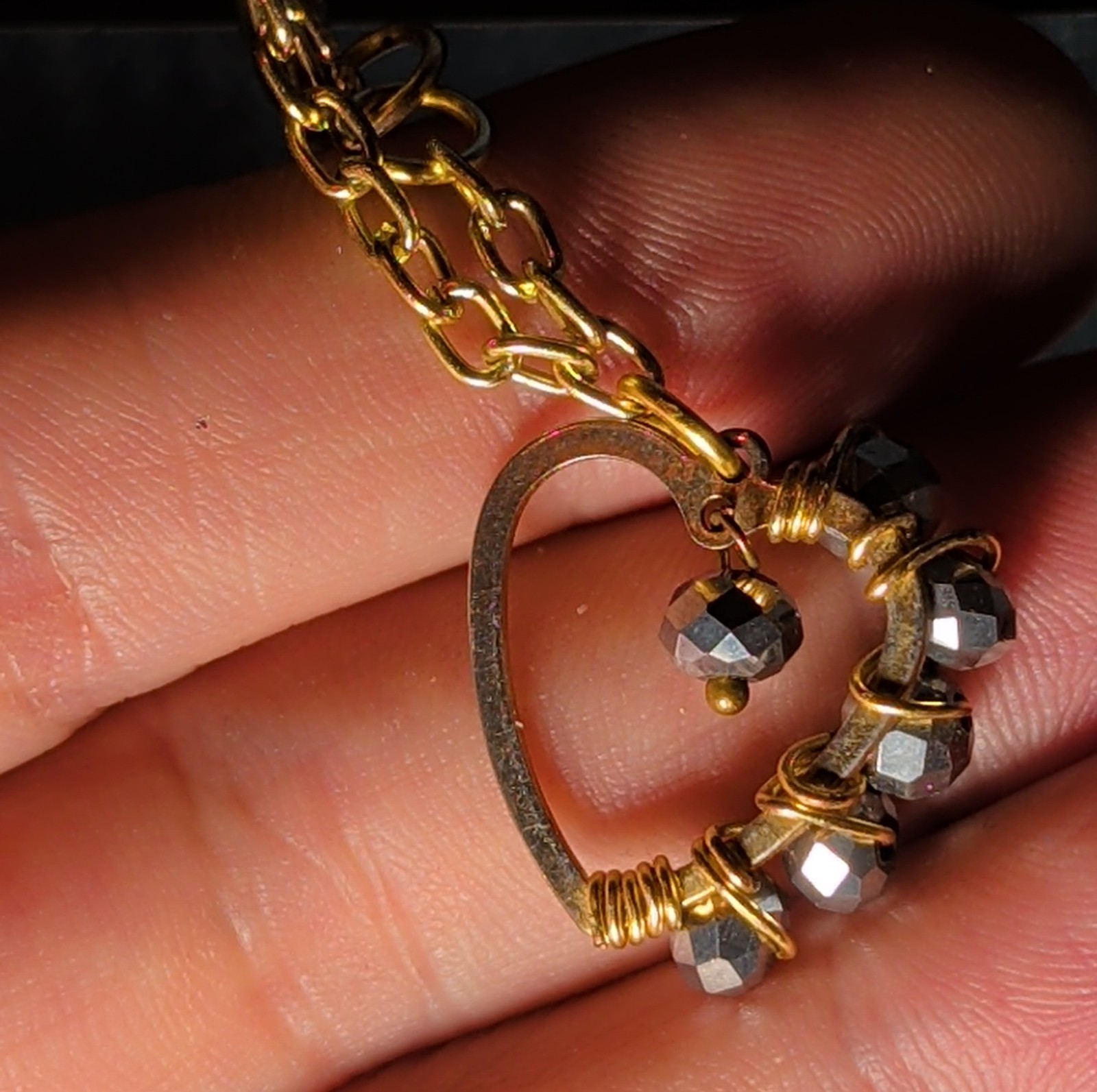 Wire Wrapped Heart Bracelet Gold Tone Hematite Bead Boho