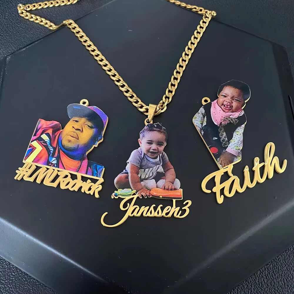 Customized Colorful Photo Name Necklace Jewelry Gift Stainless Steel Gold Silver