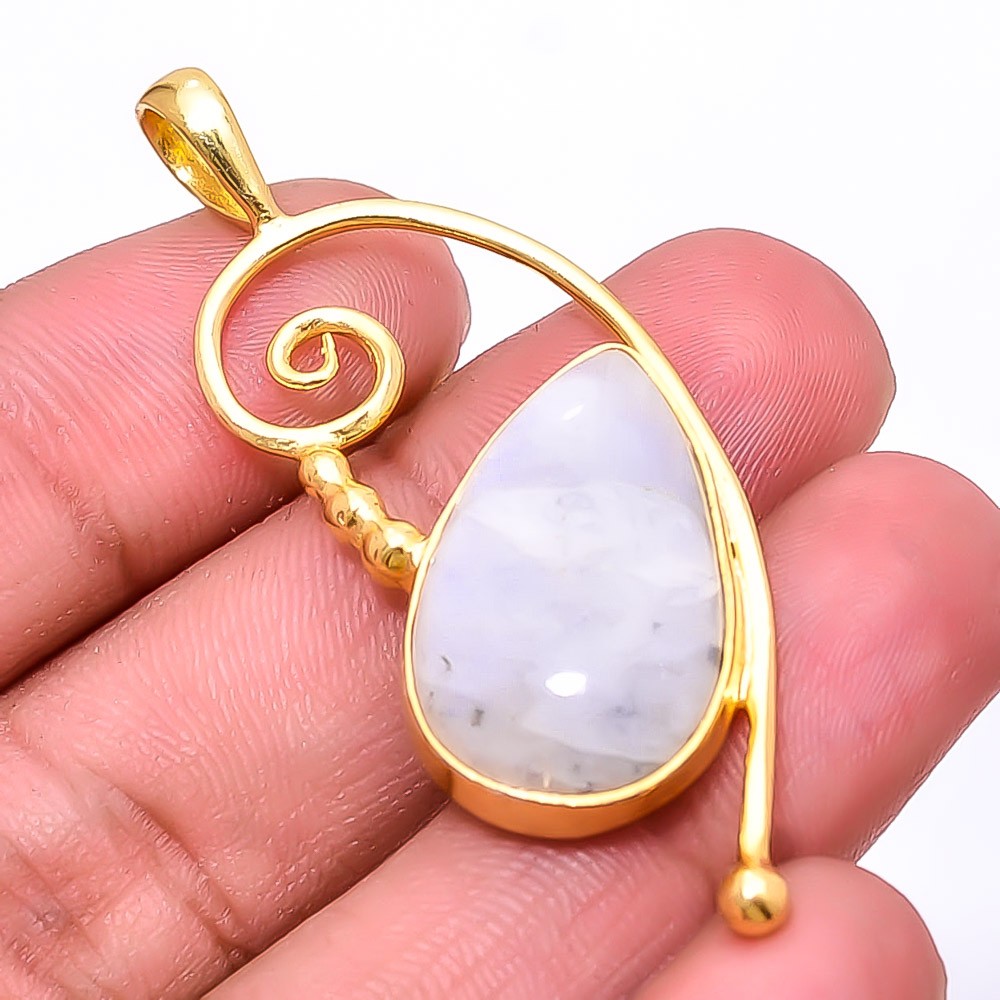 Rainbow Moonstone – India Gold Plated 925 Sterling Silver Pendant 2.07″ P28