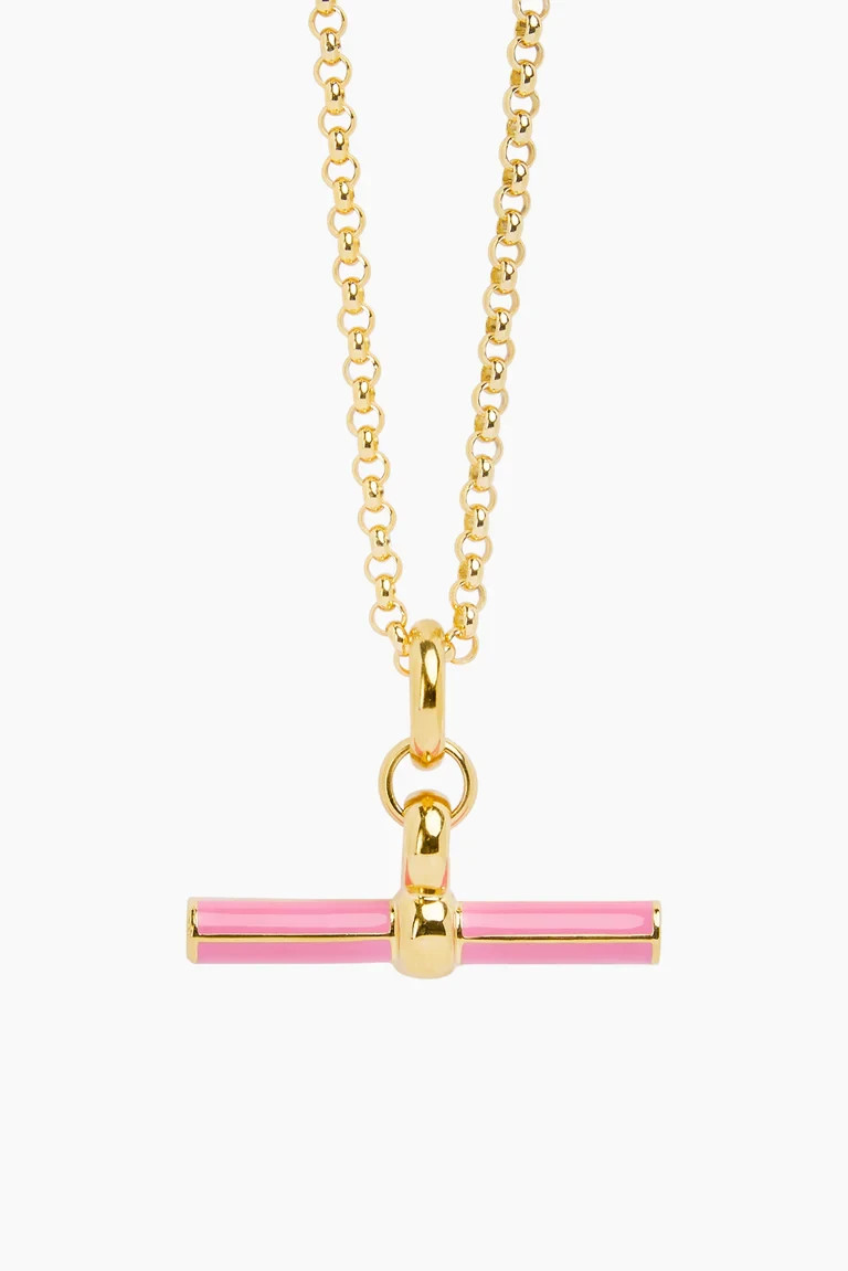 Rolo Chain T Bar Pendant Necklace Brass Metal with baby pink enamel necklace