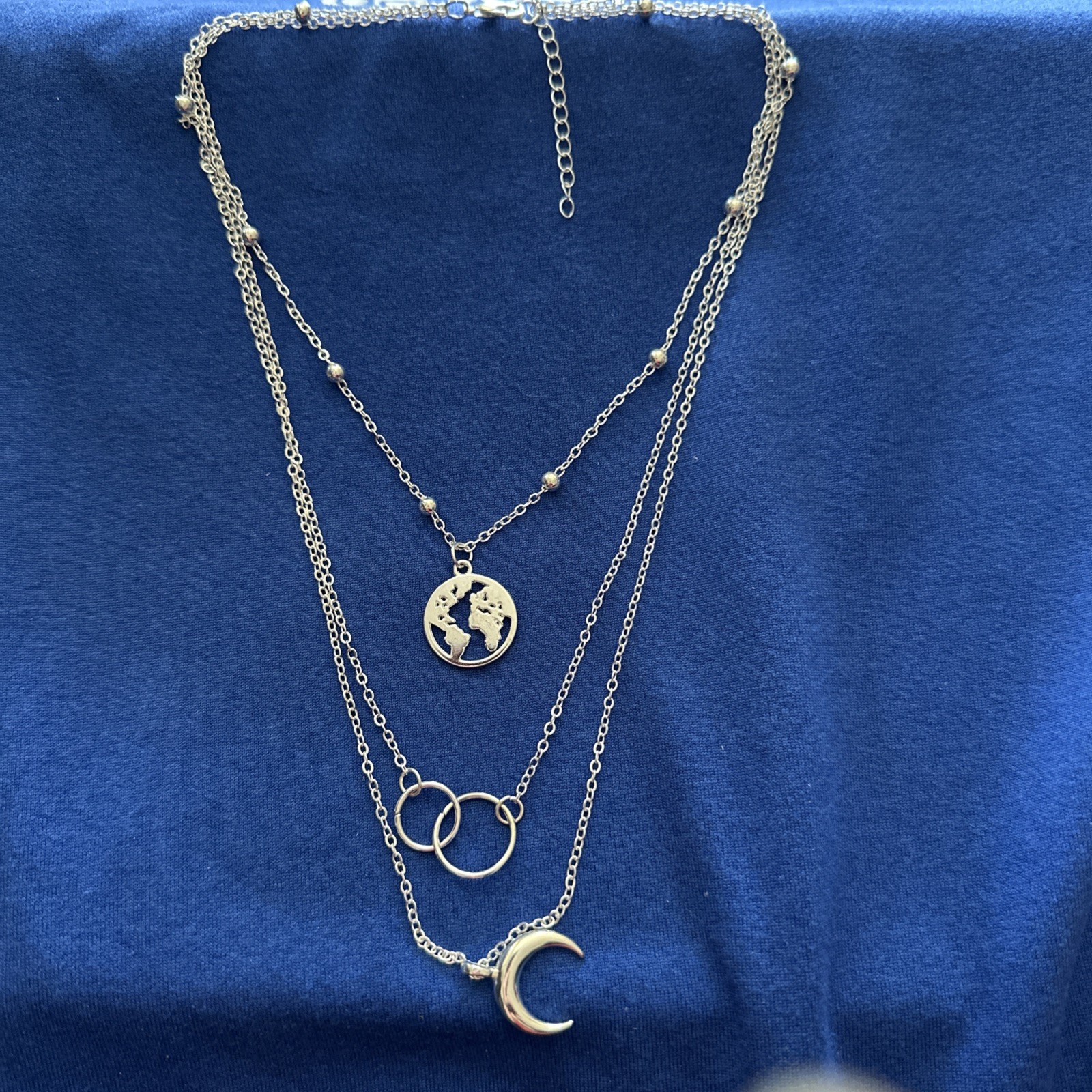 Layered Crescent Charm Necklace Silver Tone Globe Circle Adjustable chain New!