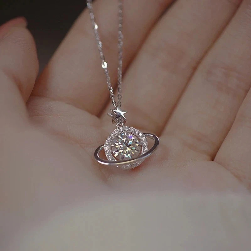 925 Sterling Silver Planet Necklace Women Pendant Choker Fashion Jewelry