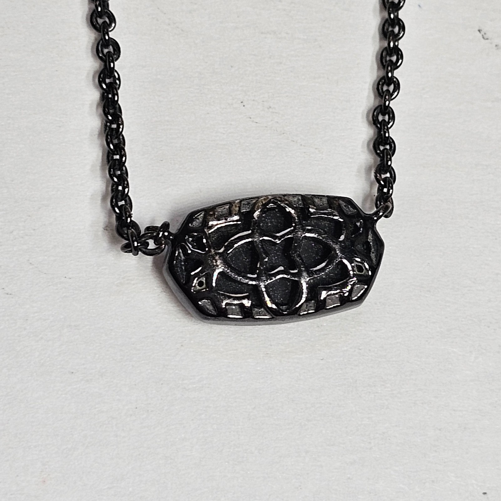 Kendra Scott ELISA Black Drusy Druzy Pendant Necklace Gunmetal Chain 15in+2in