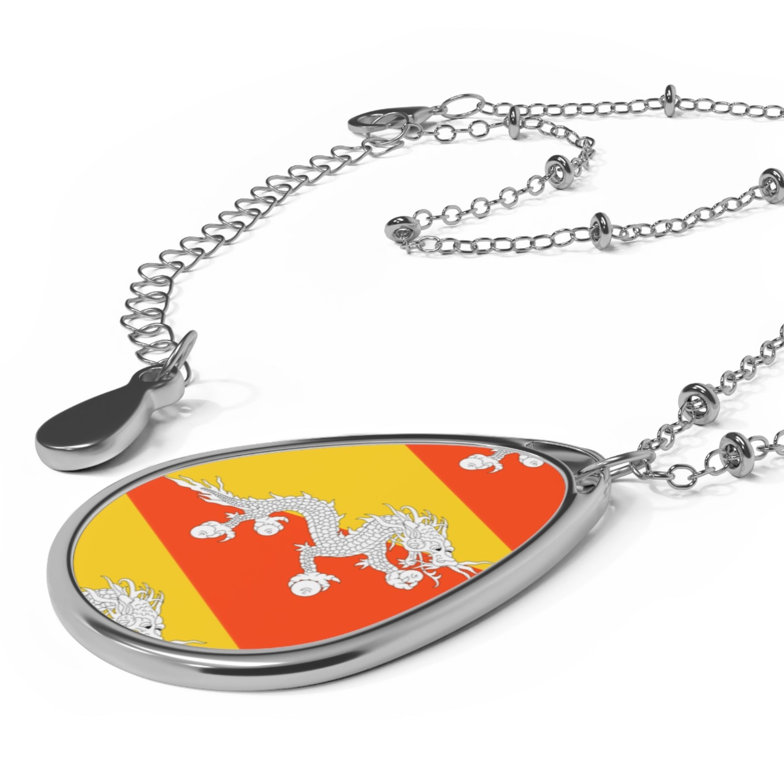 Bhutan Flag Oval Necklace – Bhutanese Heritage Pendant – One Size / Silver