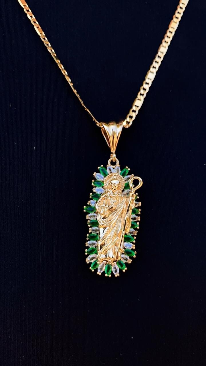 San Juditas CZ Necklace 24″ Figaro Valentino Chain Pendant Mens Adults Cadena