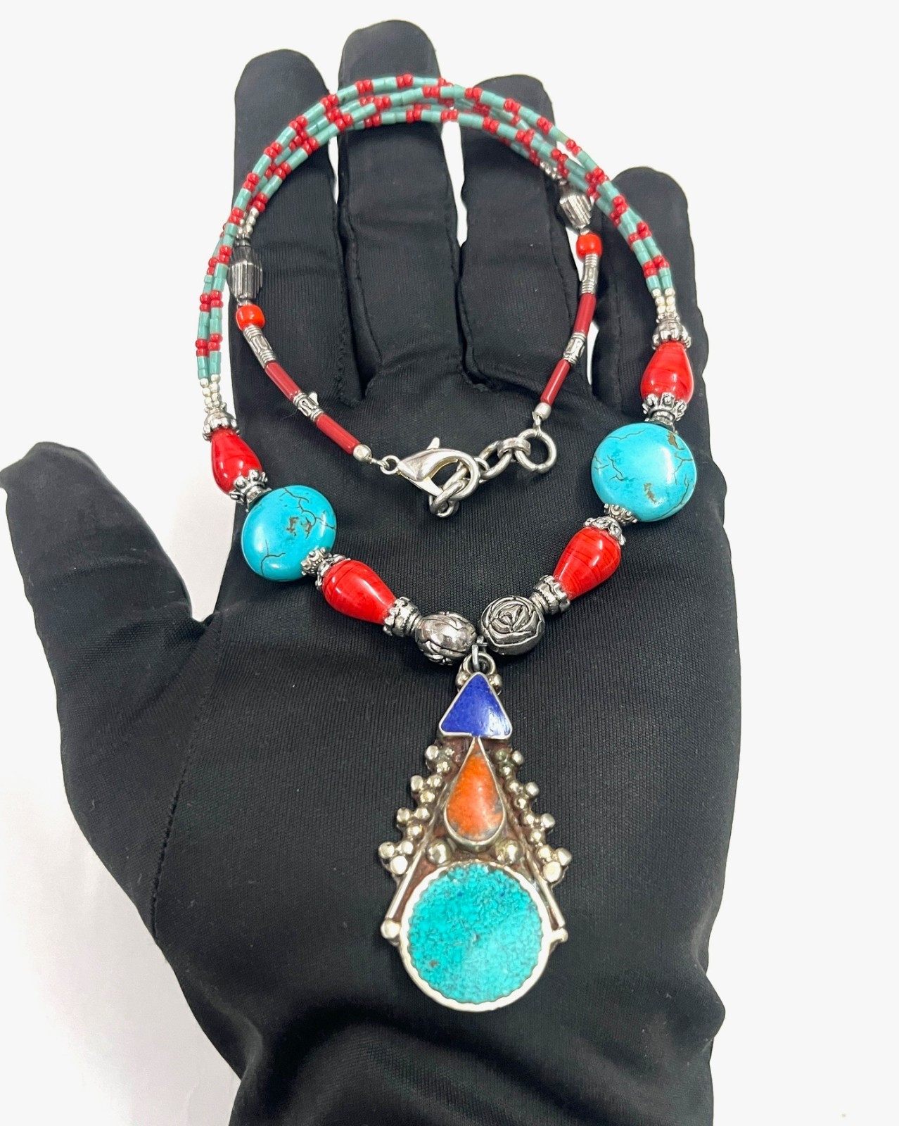 Antique Turquoise Coral Gemstone Tibetan Bohemian Necklace Jewelry, 18 Inc Adjs