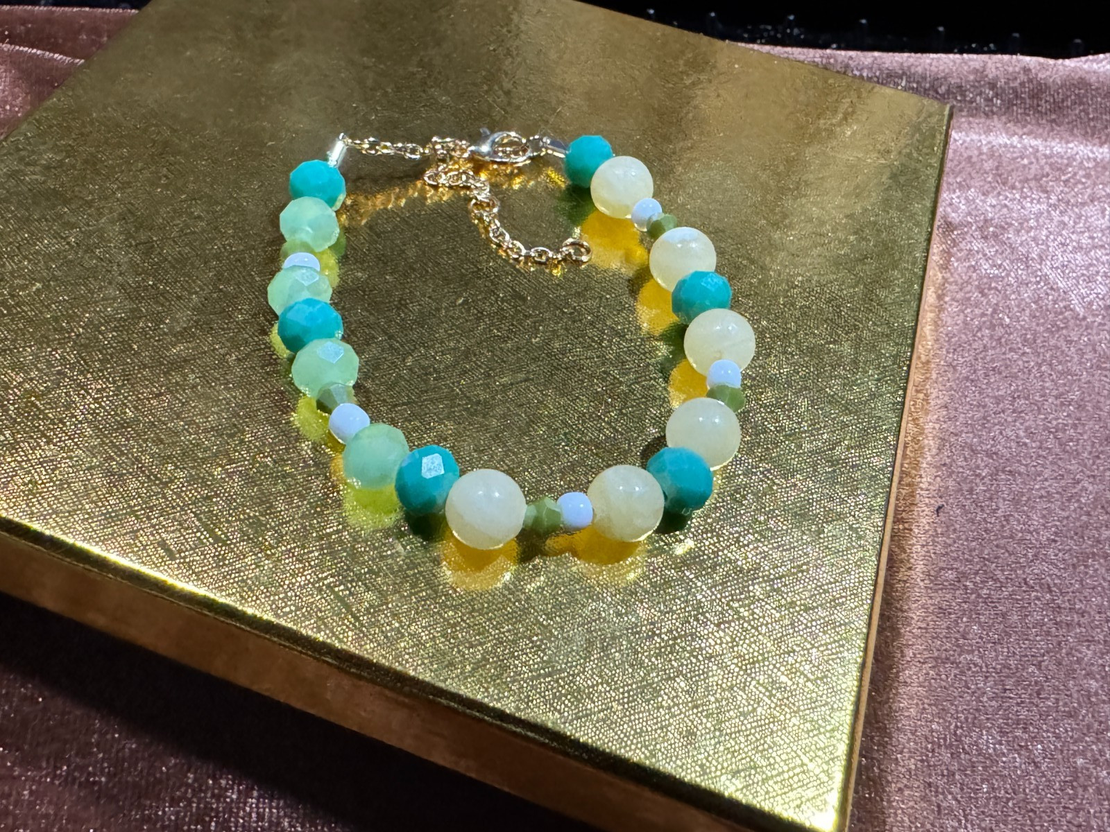 light Green & Yellow Jade Beaded Tennis Necklace Chain 16″ + 3″ & Bracelet