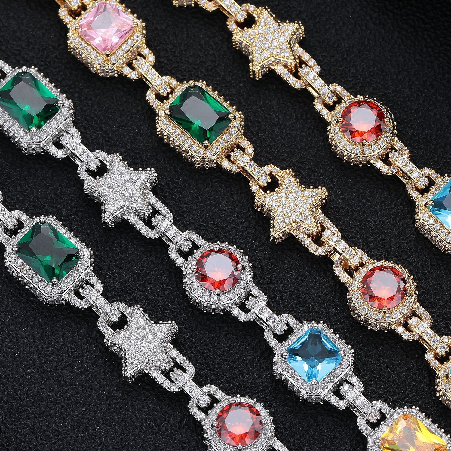 10mm Hip Hop Colored Zircon Crystal Star Chain Necklace Bracelet Choker Jewelry
