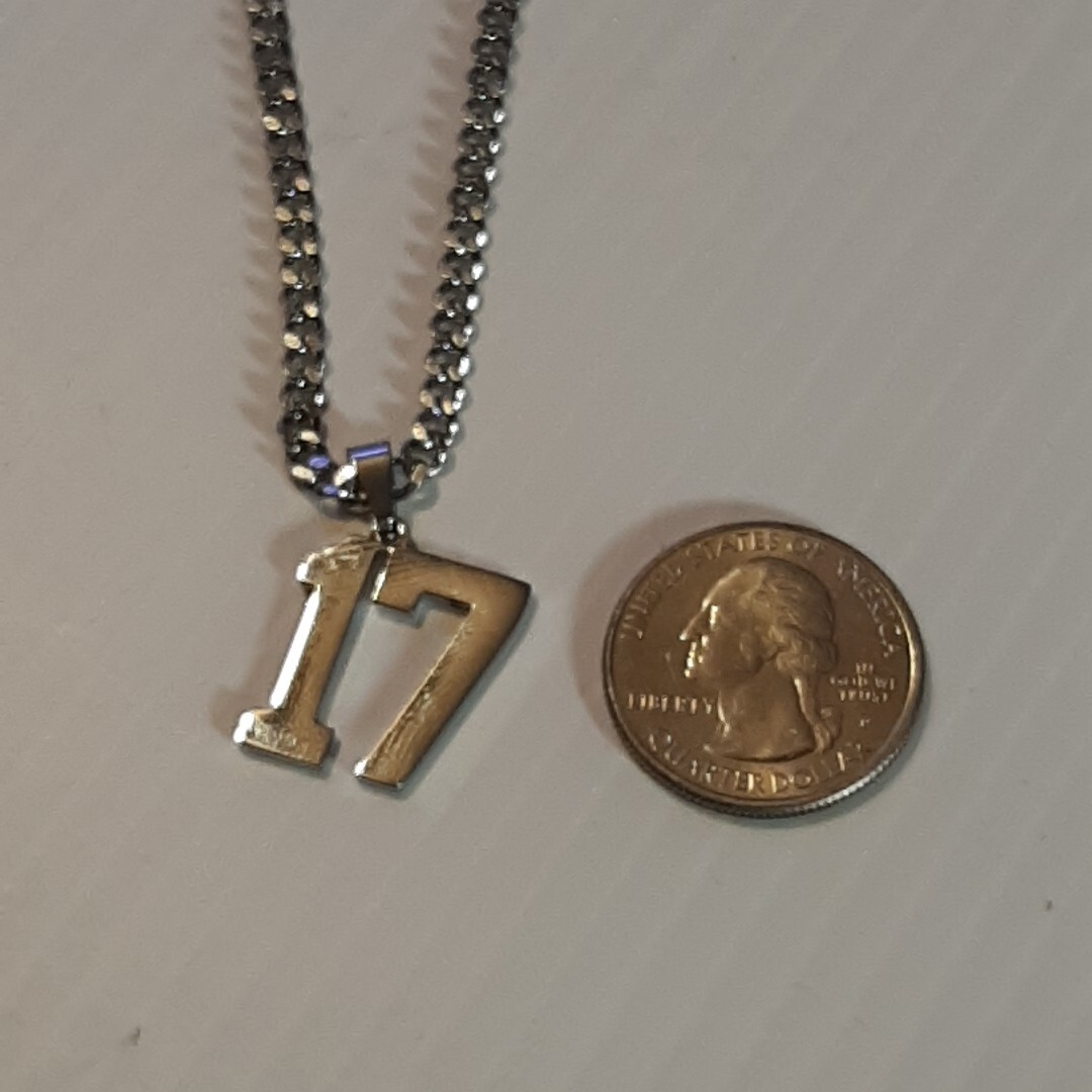 #17 BASEBALL FOOTBALL NUMBER Pendant Charm / 18″-24″ STAINLESS CHAIN NECKLACE