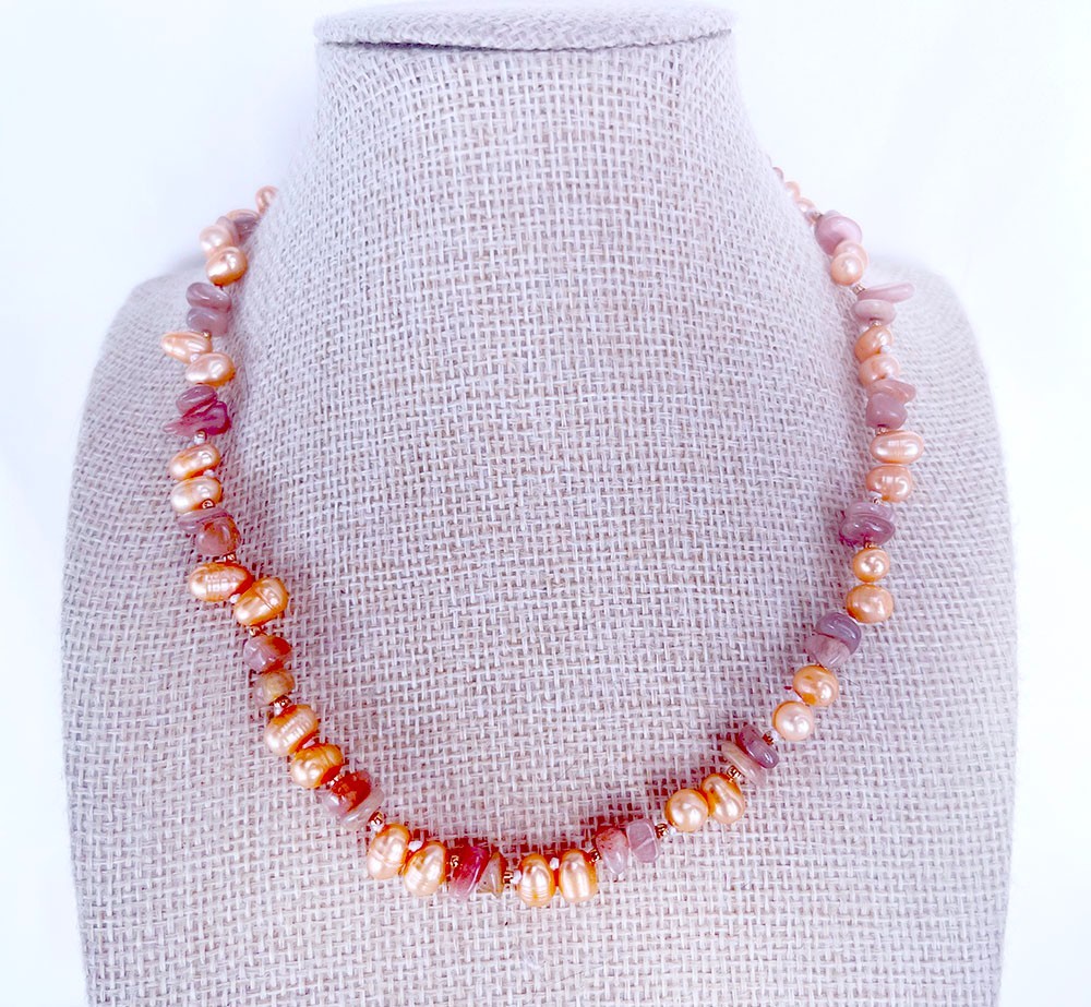 5-8mm chip orange sunstone 6-7mm oval freshwater pearl necklace 15″1/2-17″1/2