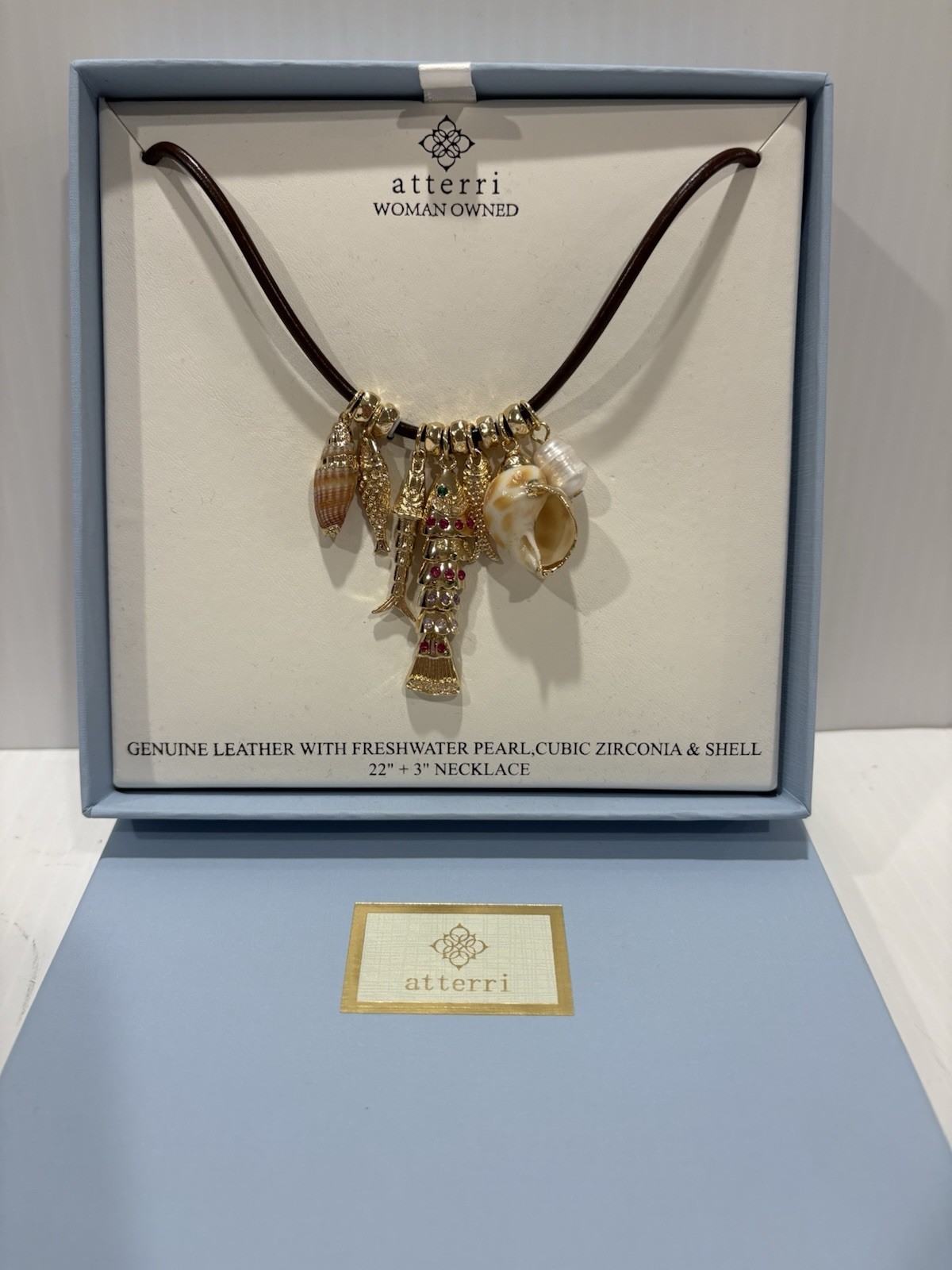 ATTERRI CHARM NECKLACE GENUINE LEATHER W FRESH WATER PEARL CUBIC ZIRCONIA &SHELL