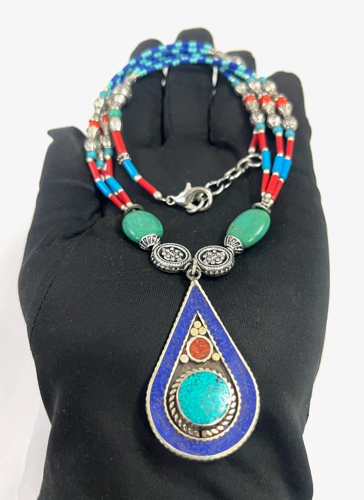 Antique Lapis Turquoise Gemstone Tibetan Style Necklace Jewelry, 18 Inc Adjs