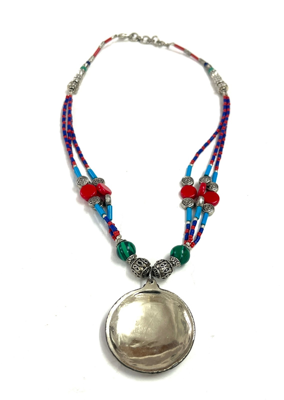 Handcrafted Lapis Coral Gemstone Tibetan Boho Necklace Jewelry, 16 Inch Adjs