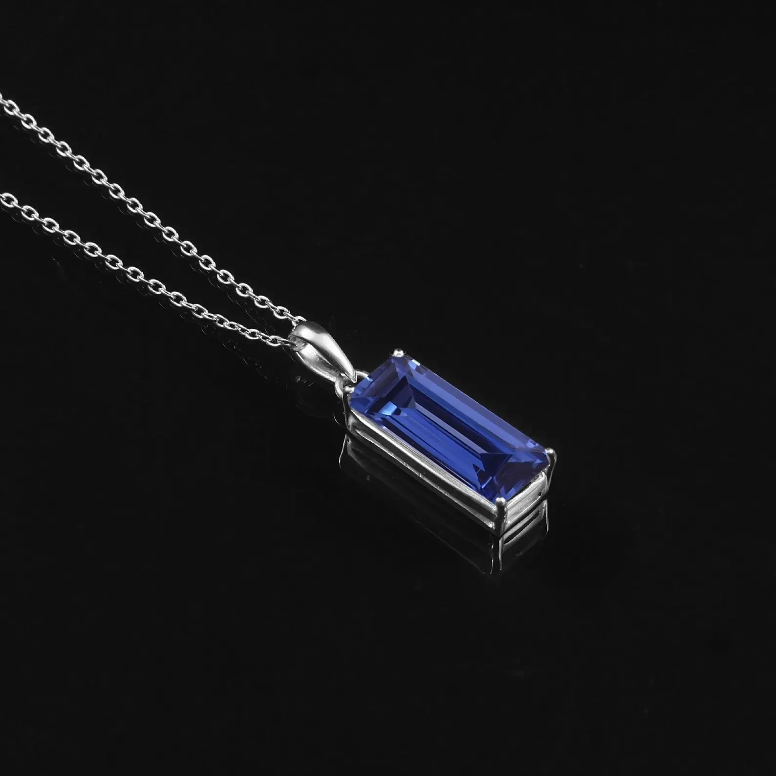 AA Flawless Ceylon Blue Sapphire Baguette Pendant:Sterling Silver Charm 20×8 mm