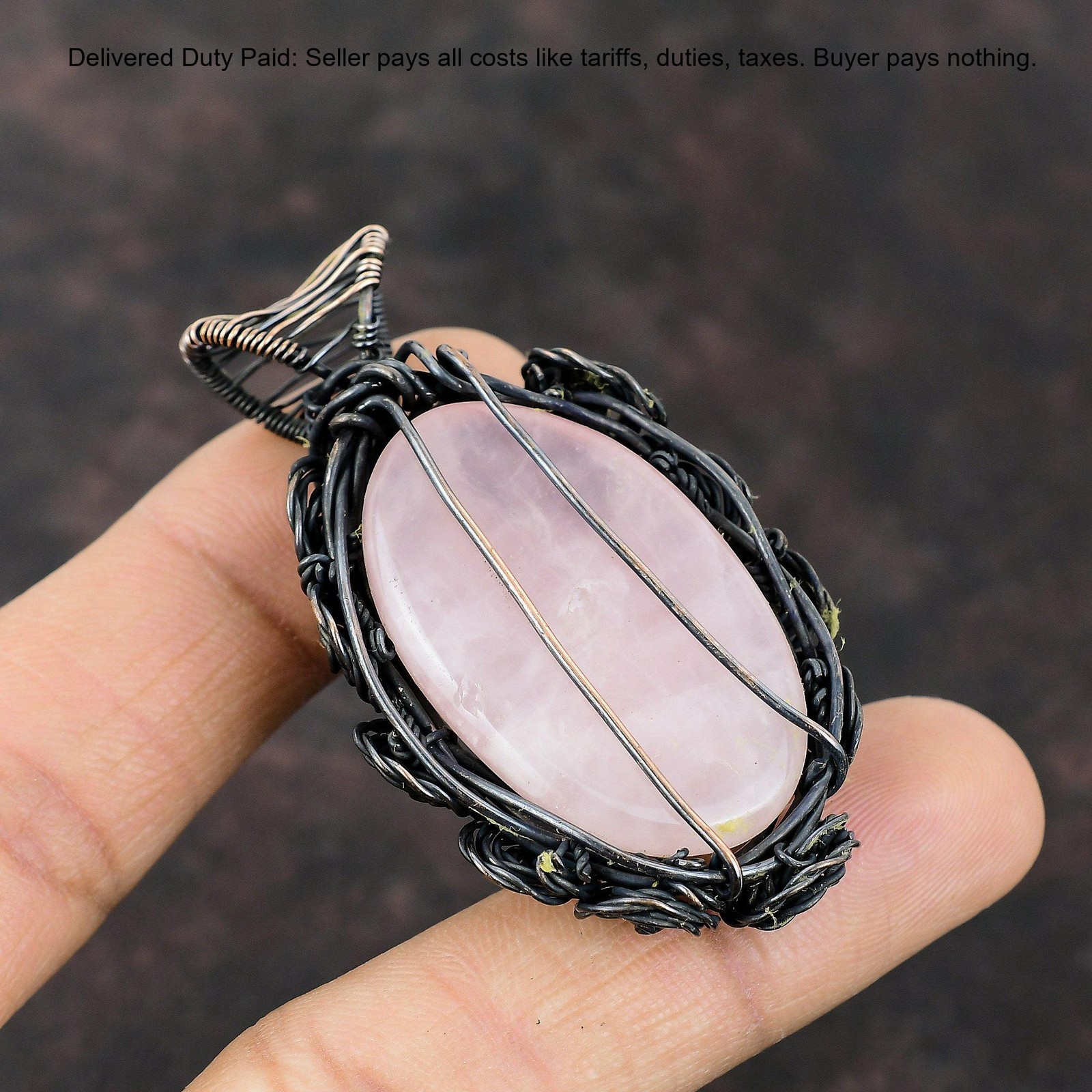 Copper Oval Rose Quartz Stone Anniversary Flower Sister Birthday Pendant Jewelry