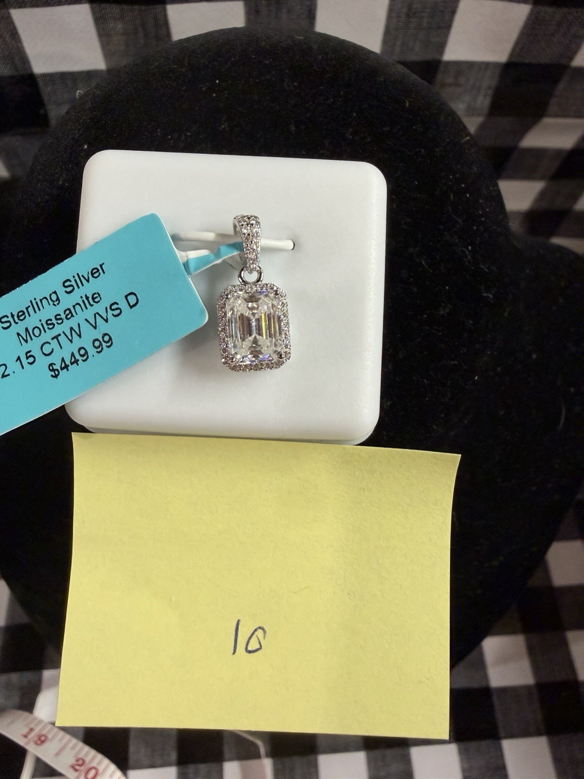 Sterling Silver Lab-Created White Moissanite Emerald Cut Halo Rectangle Pendant