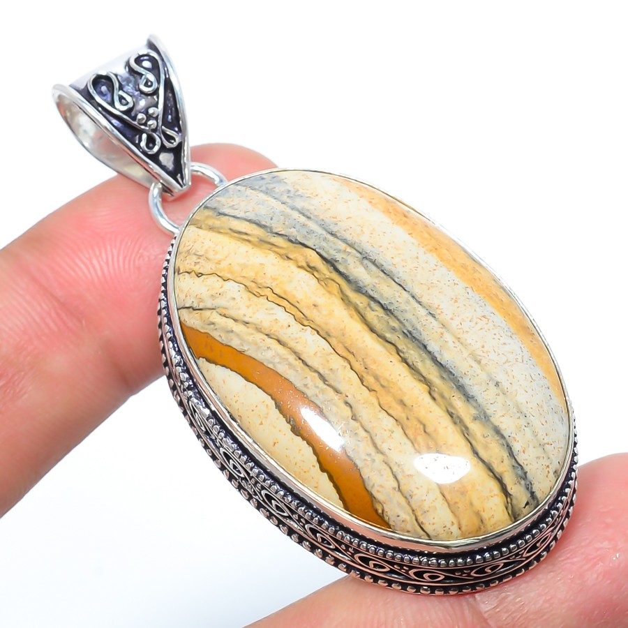 Natural Fine Art – Picture Jasper 925 Silver Plated Bali Pendant 2.34″ T2728