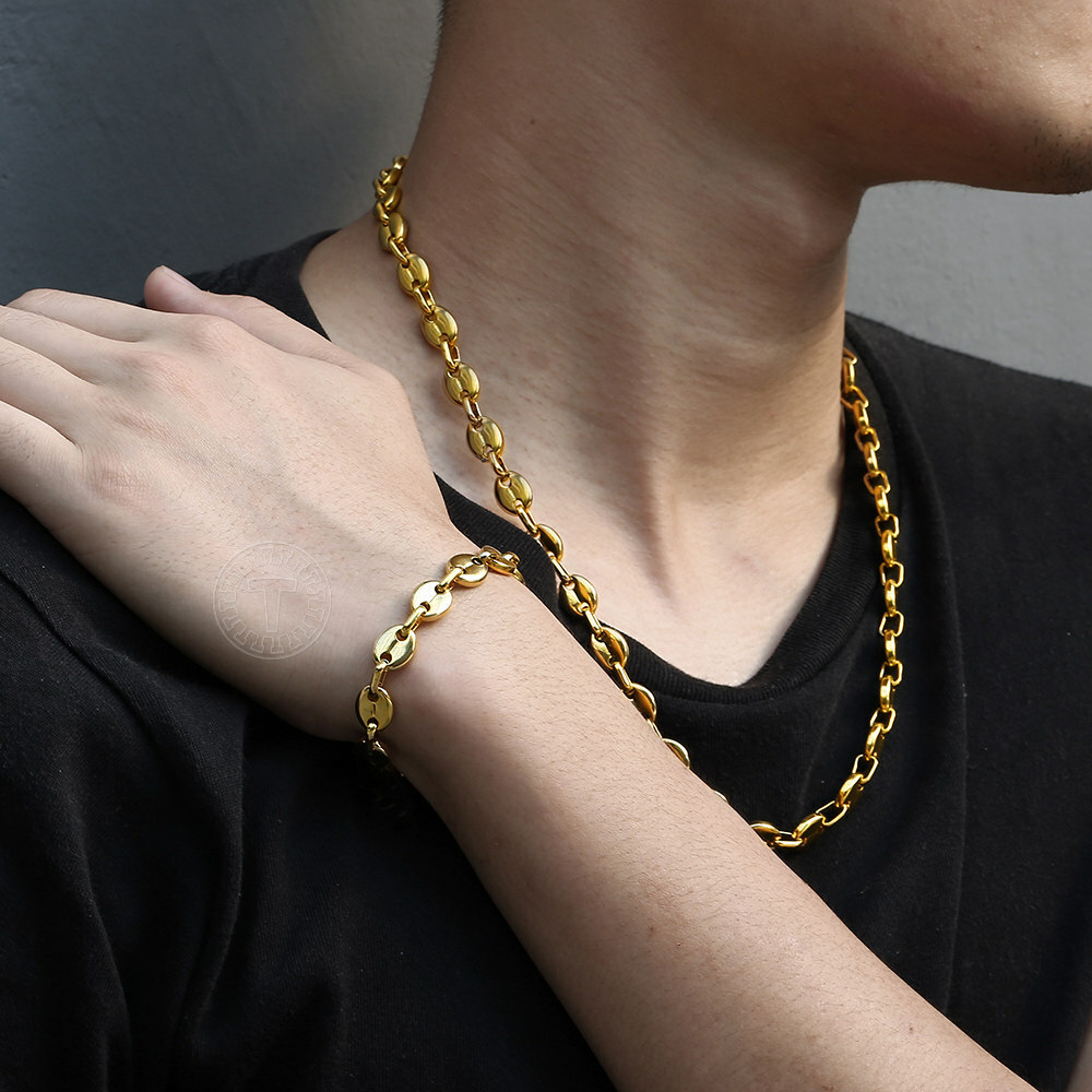 7/9/11mm Gold Plated Stainless Steel Coffee Bean Marina Link Bracelet/Necklace