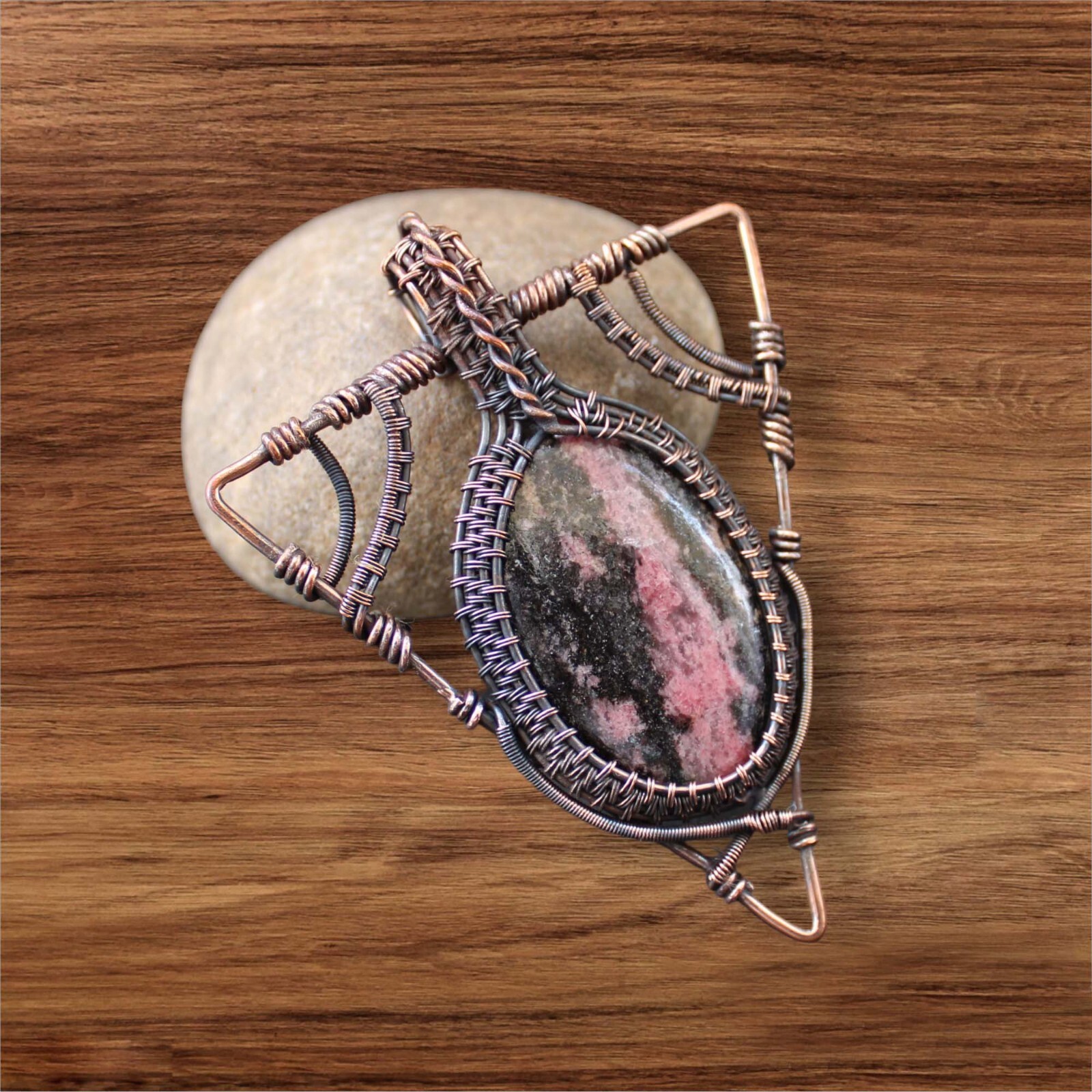Rhodonite Pendant Copper Wire Wrapped Pendant Gemstone Wire Wrapped Jewelry