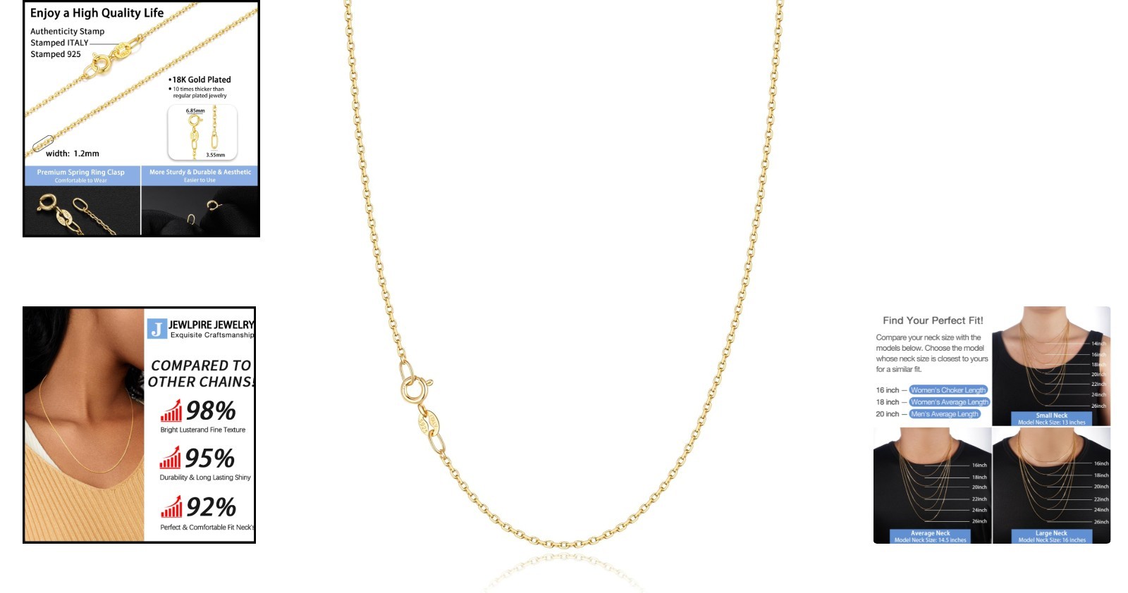 Elegant 18K Gold Plated Sterling Silver Cable Chain Necklace