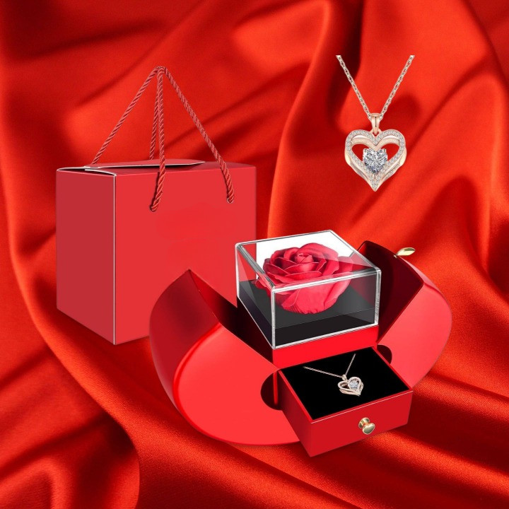 Preserved Red Rose with Heart Necklace Gift for Mom Wife Girlfriend on Special