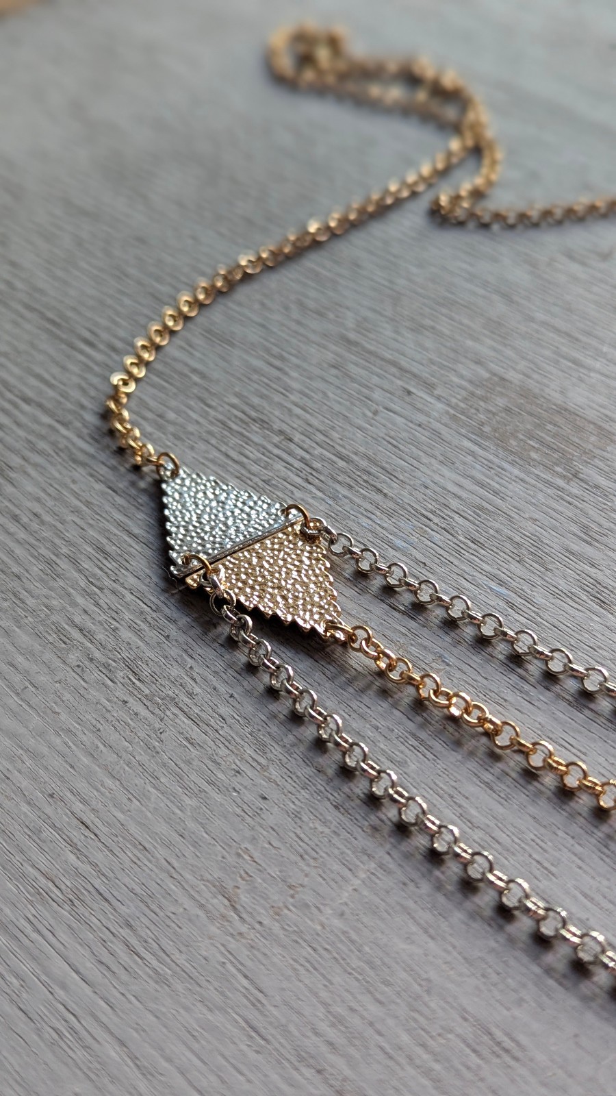 Layered Chain Necklace Three Strands, Two-Tone, Gold Silver 33″ Long Necklace