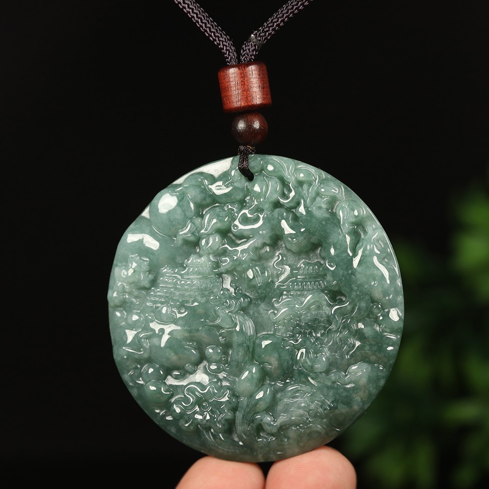 Certified Grade A 100% Natural Green Burma Jadeite Jade Pendant Landscape 00207