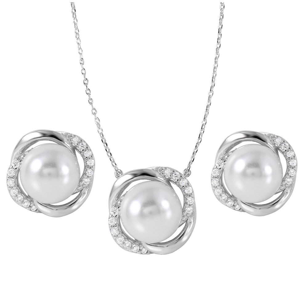 925 STERLING SILVER PENDANT NECKLACE & EARRING SET LAB CREATED PEARL & DIAMOND