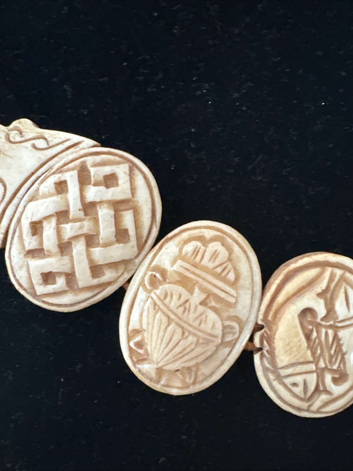 Nepal 8 Auspicious Symbols Hand Carved Necklace Yak Bone 16 in