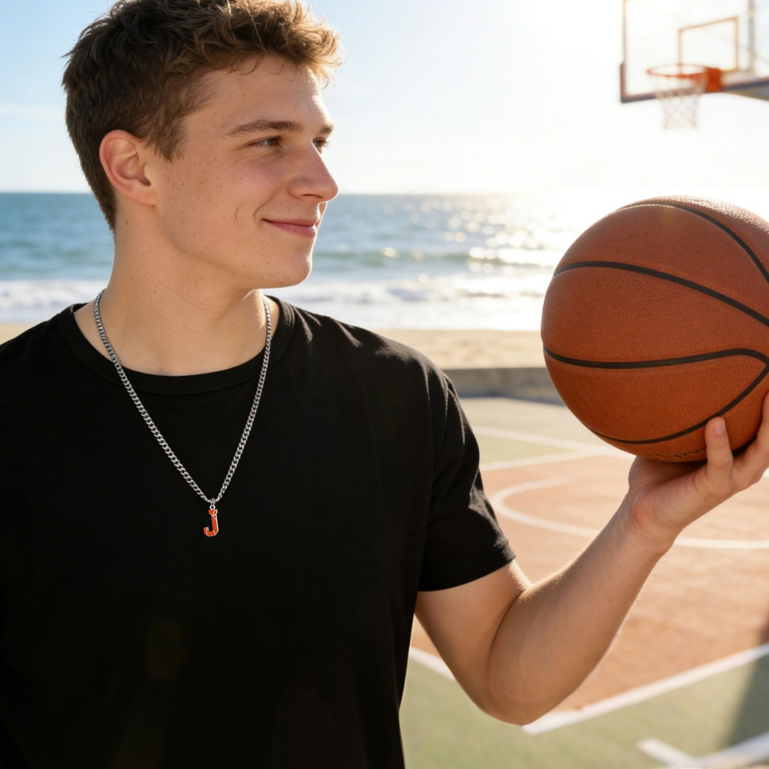 Basketball Letter Necklace – Men’S Basketball Charm Pendant, Stainless Steel Sil